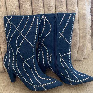 Blue Denim Jeweled Boots